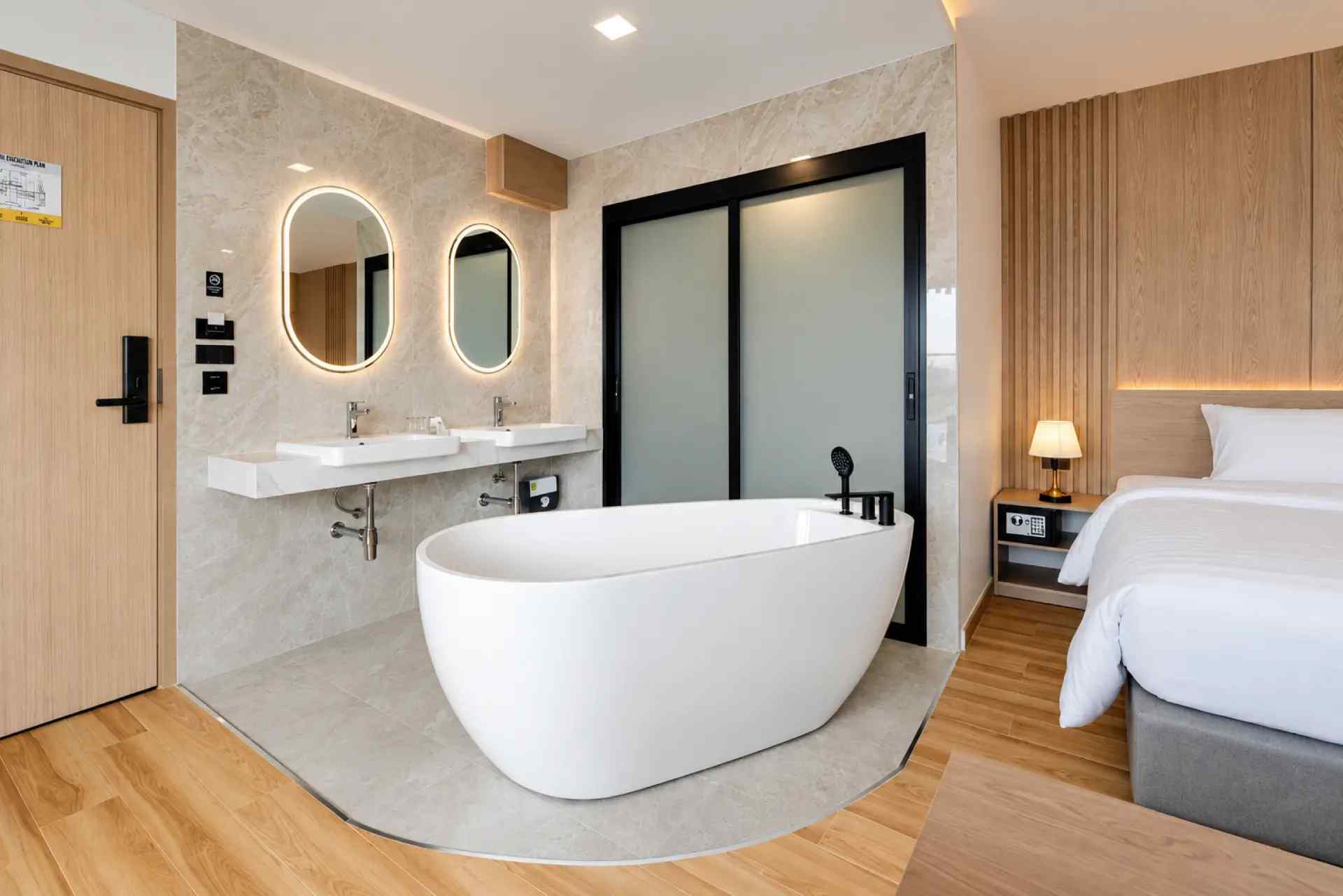 ห้องน้ำของ Solyn Hotel พร้อมอ่างอาบน้ำแบบตั้งอิสระและอ่างล้างหน้าคู่